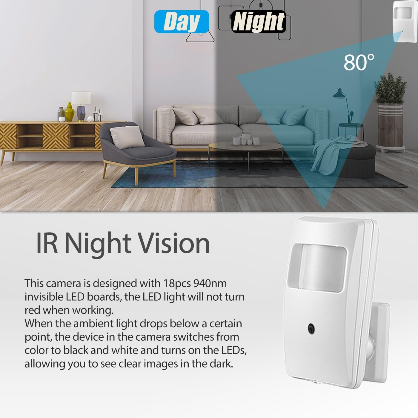 Illustration of IR Night Vision capability, showing a room in daylight and then in darkness with the camera's invisible IR illumination.