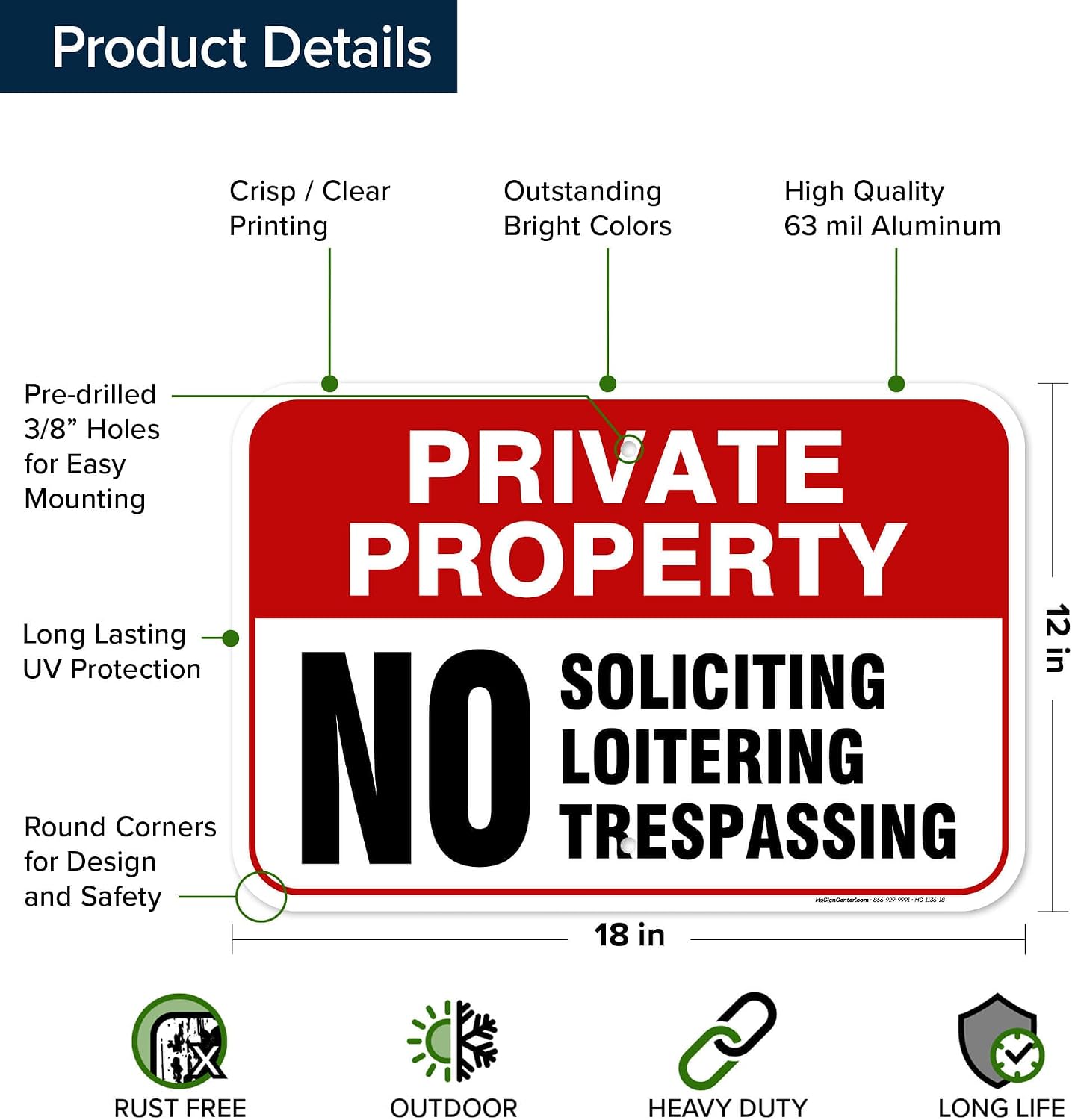 Private Property No Soliciting Loitering Trespassing Sign, 12x18 Inches, Rust Free .063 Aluminum, Fade Resistant, Made in USA by My Sign Center