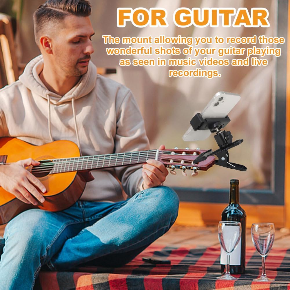 Guitar Head Phone Holder Mount,with 360° Rotate Guitar Phone Mount and 1/4 Ball Head Adapter,for 5.5cm-7.5cm Phone,Guitar Camera Clamp Mount Clip for Electric Guitar/Bass/Ukulele thumbnail