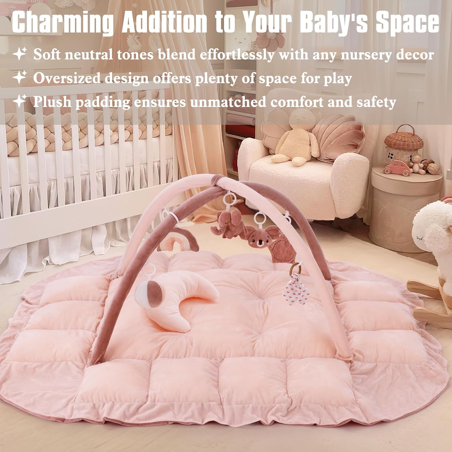 5-in-1 Plush Baby Play Gym & Activity Mat, Baby Play Mats, Baby Gym with Convertible Design, Tummy Time Mat with Pillow, 6 Sensory Toys for Newborn to Toddler, Pink - Image 5