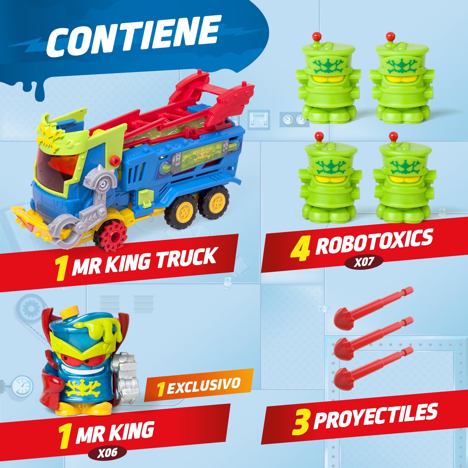 SUPERTHINGS KAZOOM Power – Mr. King Truck. Camión de la Serie de TV “Kazoom Power”. Contiene Vehículo, 1 Figura Exclusiva, 4 Robotoxics, 1 Disparador y 3 Proyectiles
