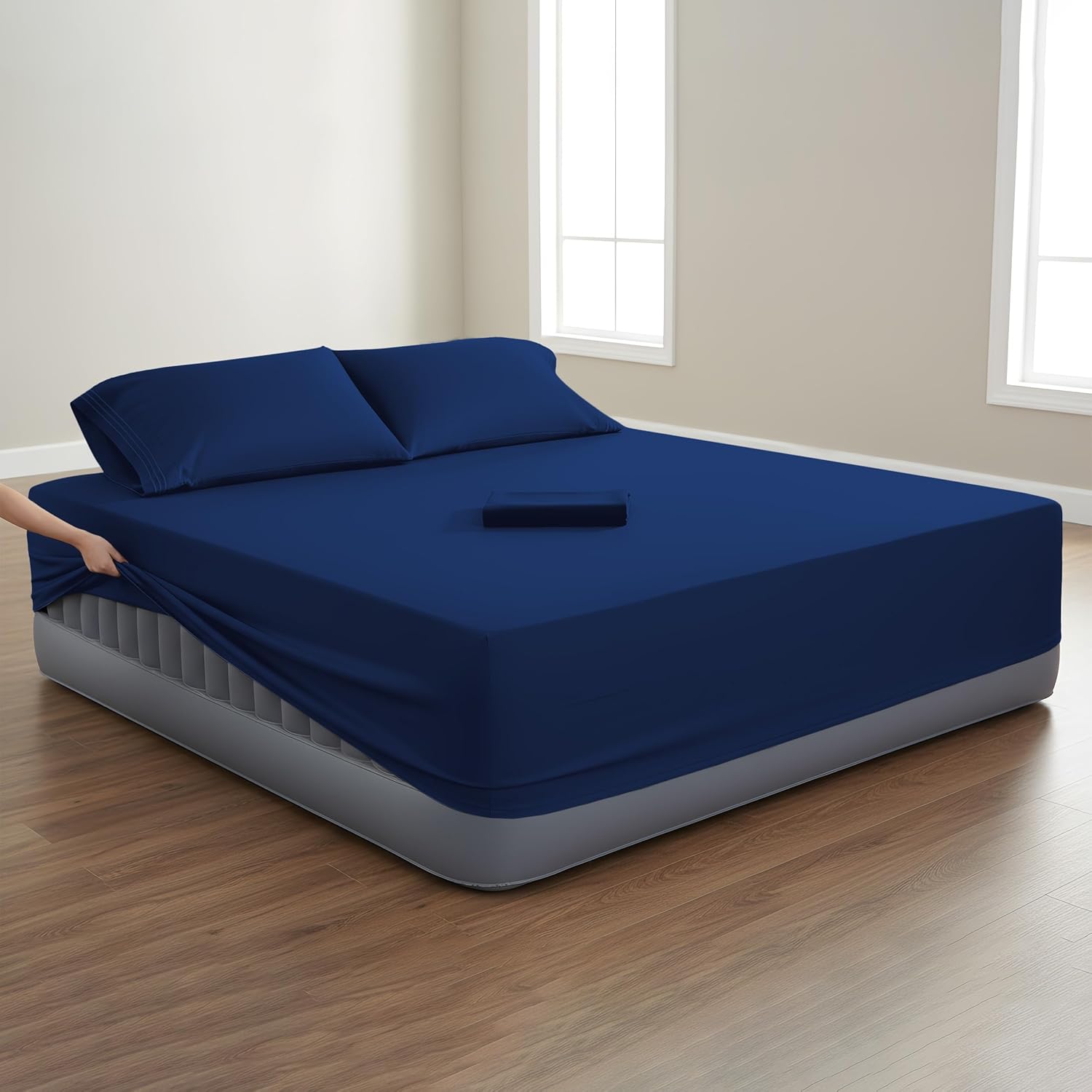 Mocassi 4-Piece Extra Deep Pocket 16-24 Inch Air Mattress Bed Sheet Set- 4PC Sheet Set with Smart Pockets Ideal for Air Beds, RVs, Camping and Guest Rooms Premium Hotel Quality, Queen, Navy Blue