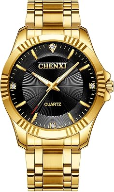 FANMIS Mens Luxury Analog Quartz Watch IP Gold Plating Stainless Steel Black Dial with Rhinestones Business Wrist Watch