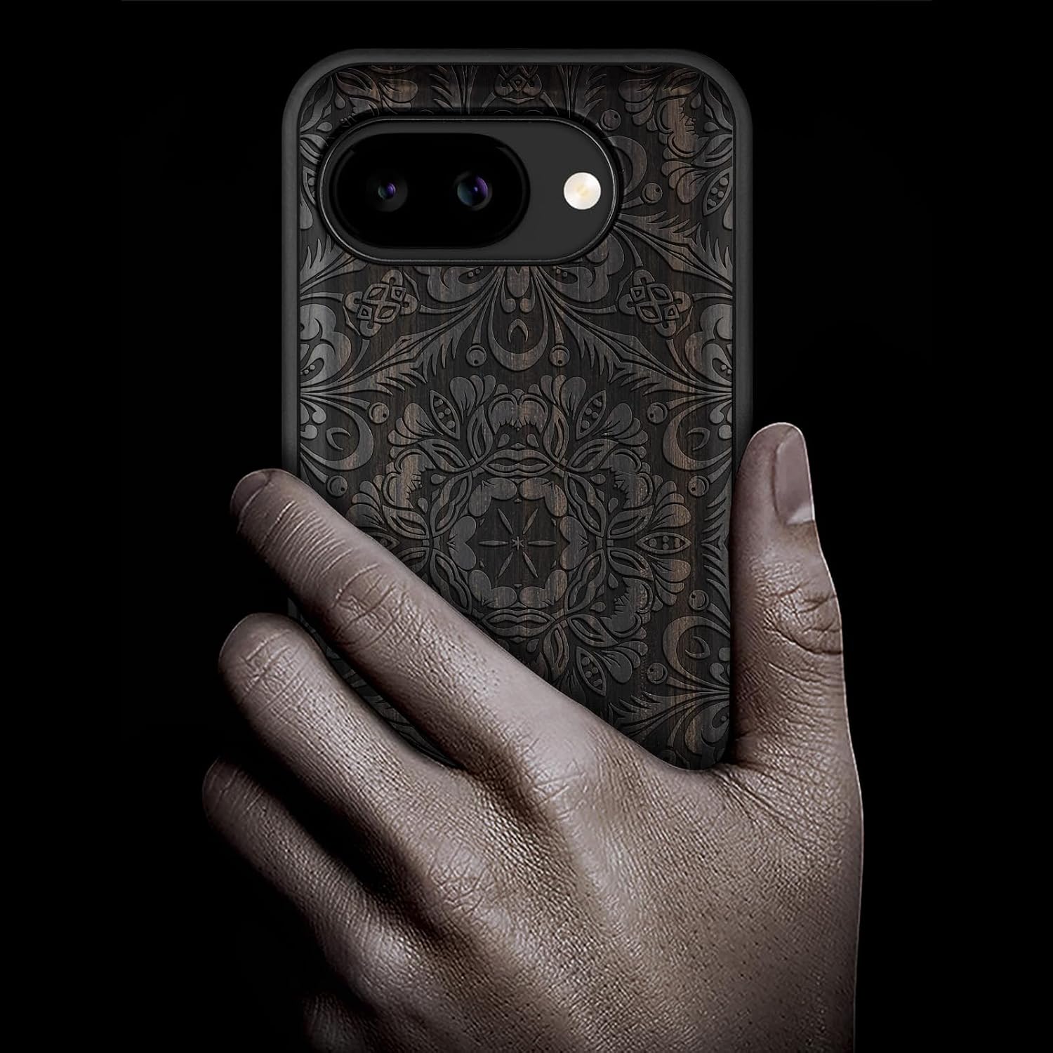 Carveit Magnetic Wooden Case for Google Pixel 10a Case, Wood Artisan Engraved & Soft TPU Shockproof Cover, Compatible with MagSafe Wireless Chargers (Baroque Blossom) Blackwood