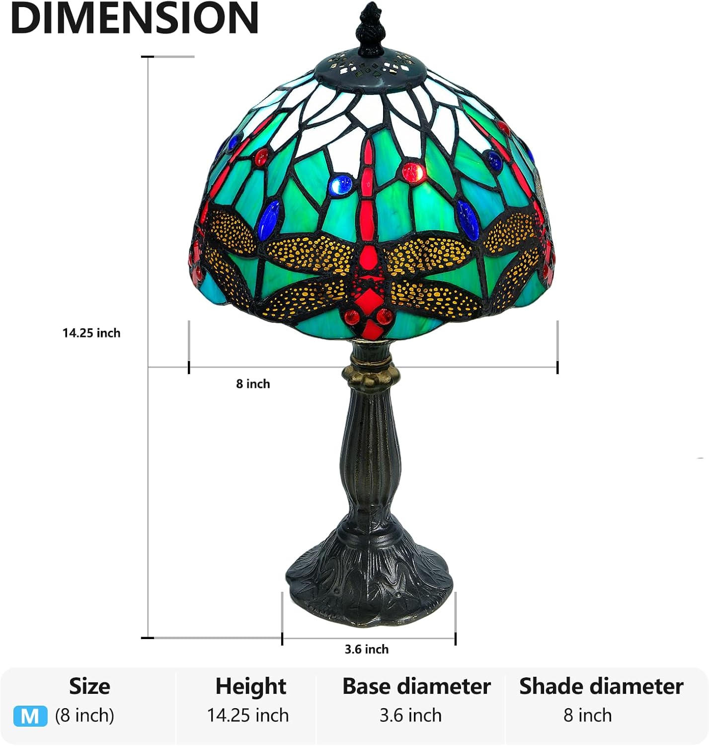 Whimsical Dragonfly Tiffany Style Table Lamp – 8" Small Handmade Stained Glass Lamp for Bedroom, Living Room, Office, or Study – Easy Assembly, Includes LED Bulb, Heavy Stable Base