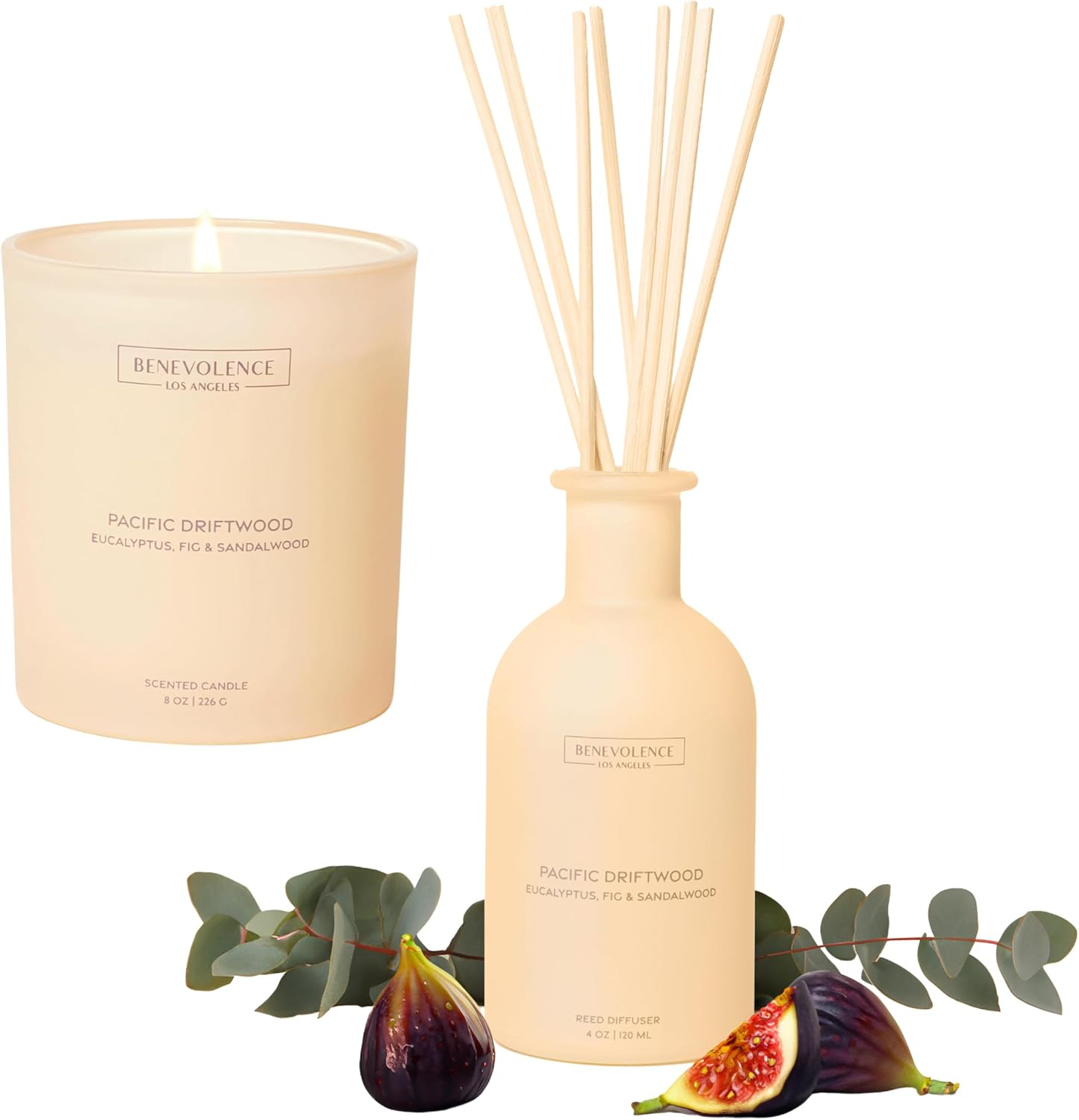 Benevolence LA Pacific Driftwood Reed Diffuser and 8oz Scented Candle Set | Eucalyptus, Fig & Sandalwood | Luxurious Home Fragrance Diffuser and Candle | Malibu Sands Collection