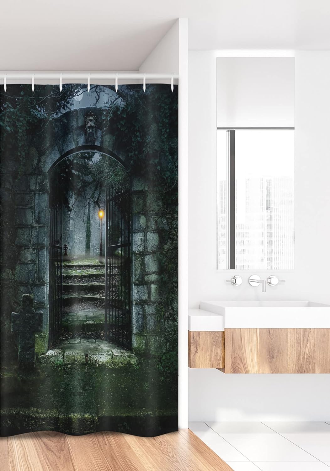 Ambesonne Gothic Stall Shower Curtain, Image of The Door of a Dark Old Haunted House Cemetery Dead Myst Fiction Art Print, Fabric Bathroom Decor Set with Hooks, 36" W x 72" L, Green Grey