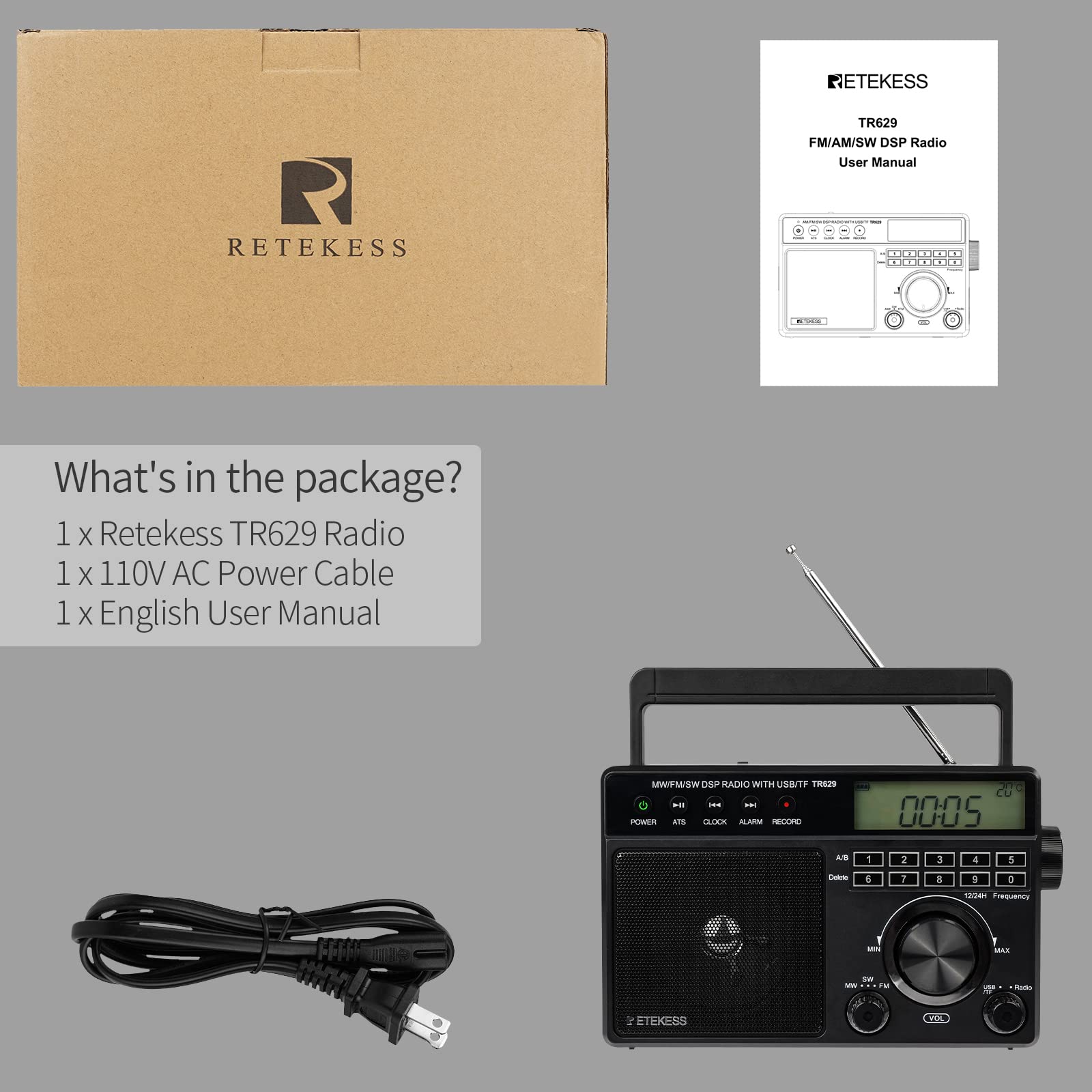 Retekess TR629 Radiolina Portatile, Radio Digitale Portatile, FM AM Onde Corte SW, DSP, a Batteria e Corrente, USB SD Card, Allarme