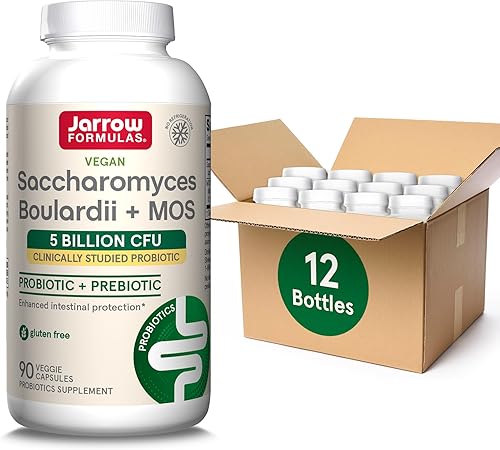Jarrow Formulas Saccharomyces Boulardii Probiotics + MOS 5 mil millones de UFC levadura probiótica para apoyo a la salud intestinal, suplementos de