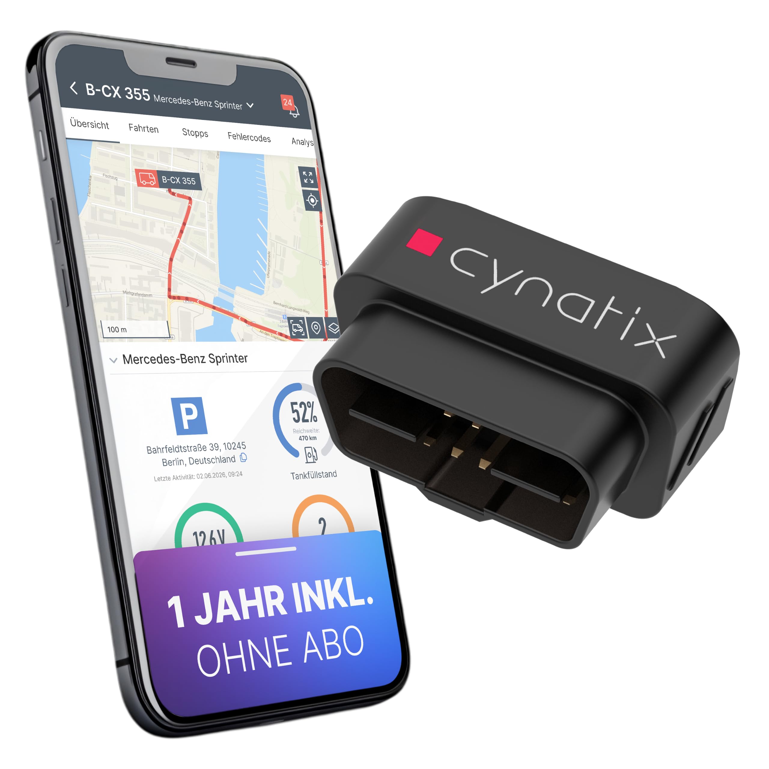 GPS Tracker Auto, 1 Jahr ohne ABO | OBD2 Live-Ortung mit App, inkl. SIM-Karte für KFZ, LKW, Transporter & Wohnmobil | Echtzeit GPS Ortung
