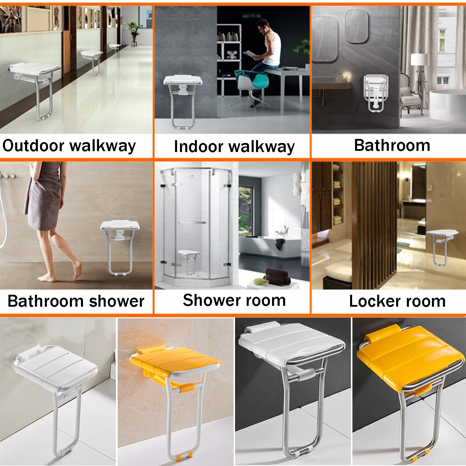 Taburete Ducha Antideslizante Plegable, Asiento de Ducha Abatible, Acero Inoxidable Sillas para Ducha Personas Mayores, Minusvalidos, Asiento Ducha Plegable Pared, Taburete de Baño Imp(Color:Yellow 1)