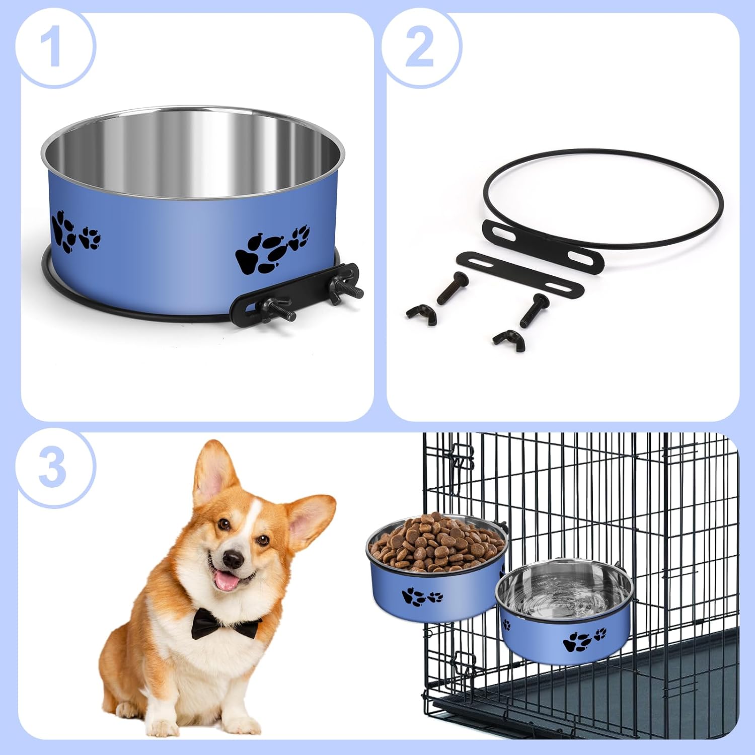 2 Pack Kennel Bowls Mountable Stainless Steel Crate Bowls for Dogs No Spill Hanging Kennel Water Feeder with Clamp Holder 2 Sizes（7.08x2.83’’,6.3x2.63’） (Blue)
