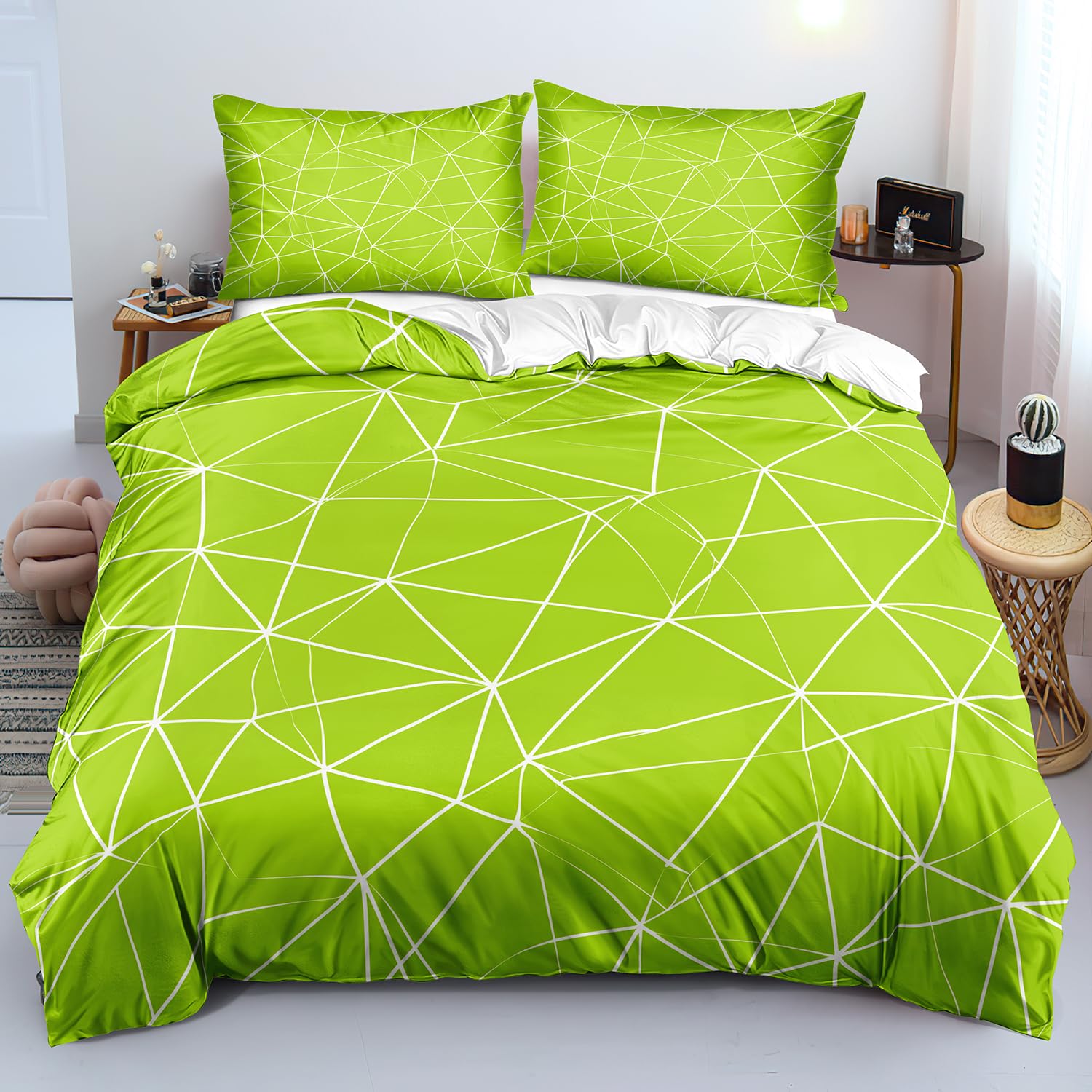 Housse de couette 200x200 douce et facile d'entretien parure de lit triangulaire vert sans pli