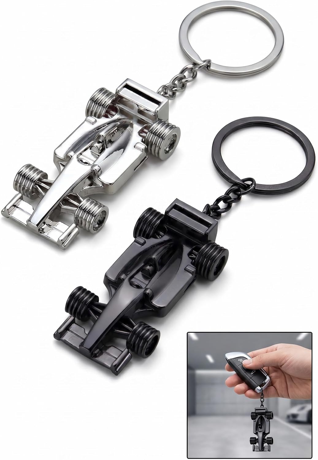 2 PCS Racing Car Model Keychain, 3D Racing Model Cool Men's Keychain, Zinc Alloy Car Key Chain Accessories, Ideal Gift for Men, Racing Fans and Cars Lovers (Black+Silver)