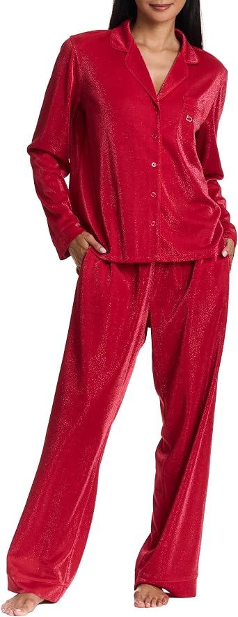 bebe Metallic Shimmer Button Down Pajama Set, Long Sleeve Sleepwear
