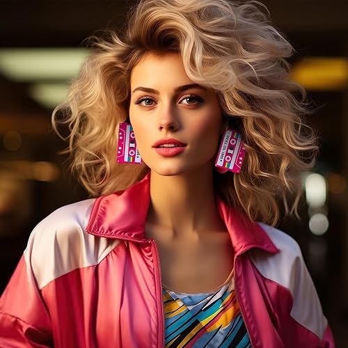 Vista 3 de Aretes colgantes de cinta de casete retro de los años 80 para mujer, aretes acrílicos ligeros de los años 80, accesorios de neón para fiestas