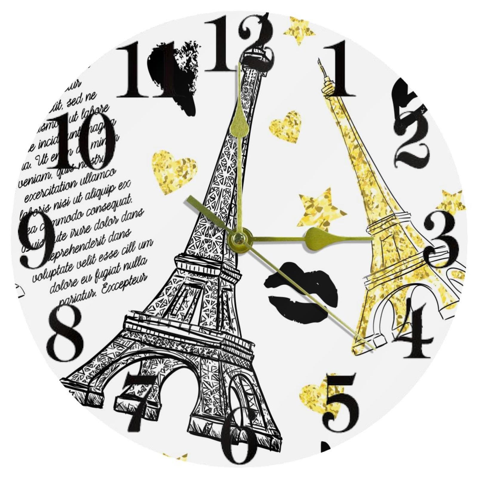 Horloge silencieuse Tour Eiffel avec étoiles dorées pour décorer la cuisine ou la chambre