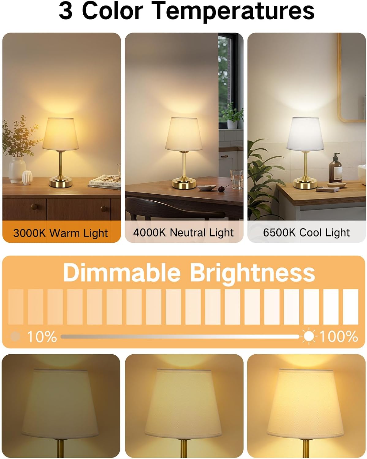 OUTON Cordless Rechargeable Table Lamp – 3 Color Temperatures, Battery Display, Touch Dimmable LED Light, USB-C Charging, Fabric Shade, Memory Function for Bedroom, Living Room, Patio (Small-Gold)