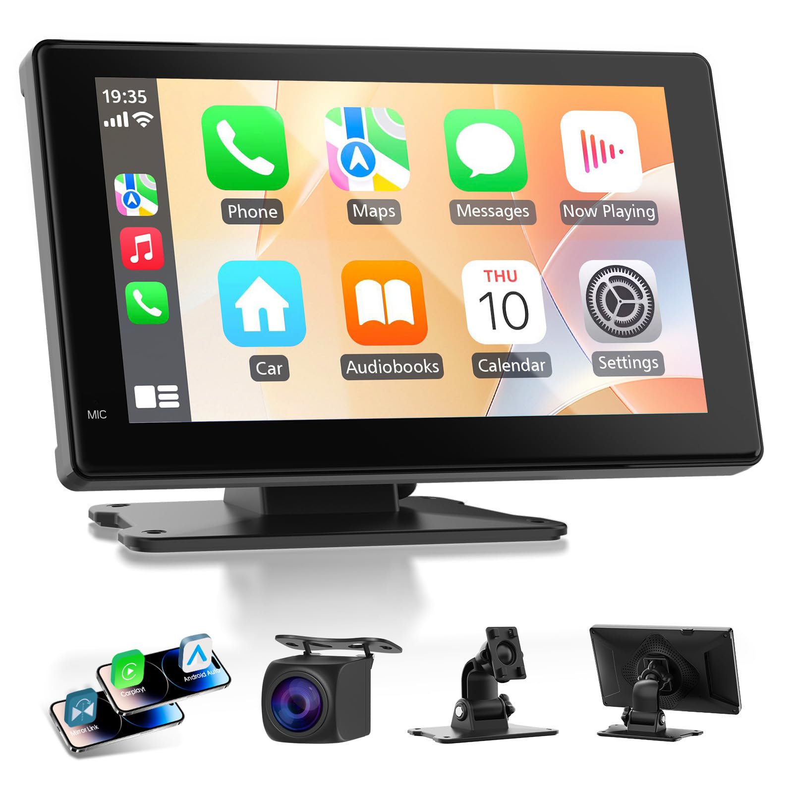 Haudio Portable CarPlay Screen for Apple CarPlay &amp; Android Auto, 7 Inch Wireless Car Stereo Touchscreen with Bluetooth, GPS Navigation, Voice Control, Backup Camera Support for All Vehicles