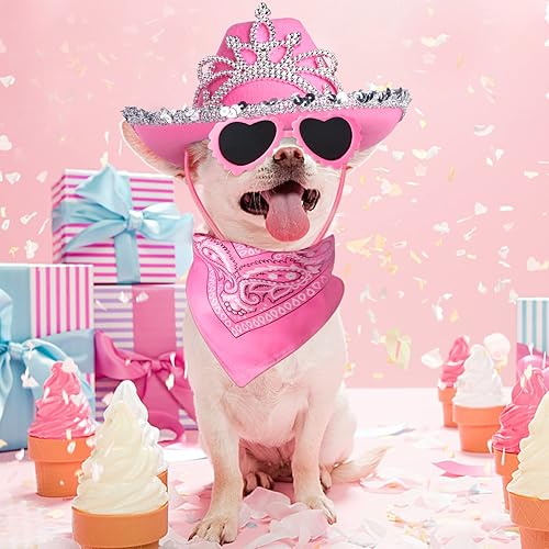 Miniatura 6 de Yewong Juego de accesorios de disfraz de sombrero de vaquero rosa para mascota, tamaño perro, gato, vaquera rosa, sombrero de princesa con corona,
