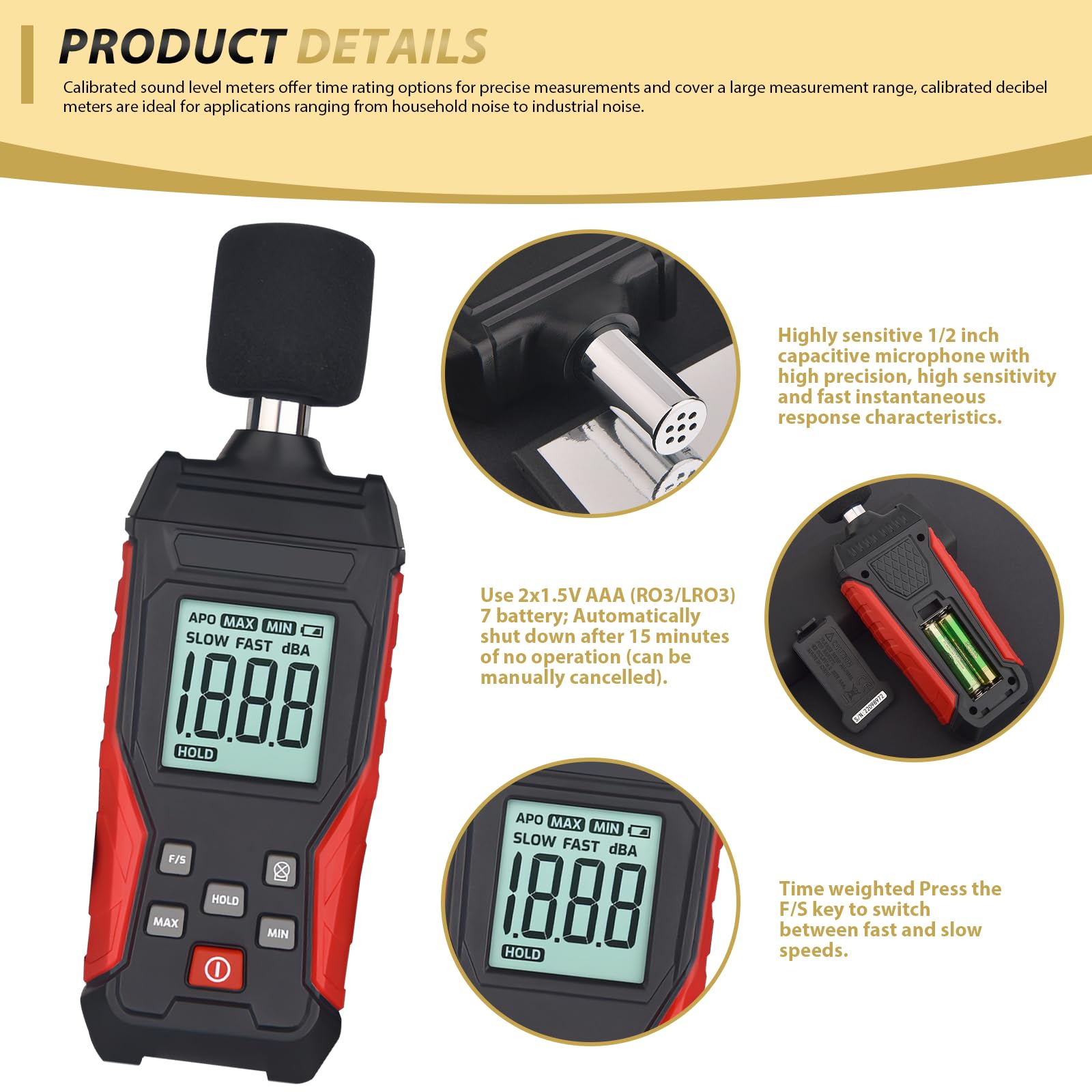 Medidor de decibelios profesional con almacenamiento de datos | Medidor de nivel de sonido digital portátil | Medidor de nivel de sonido 30 – 130 dB (A/C) para casa, obra, oficina | Iluminación LCD