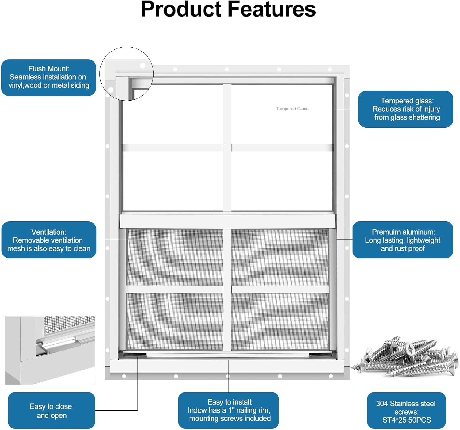 2 pack shed window 18" w x 23" h, white flush mount window with tempered glass and removable screen for playhouses, sheds, garage and chicken coops 18"x23" white