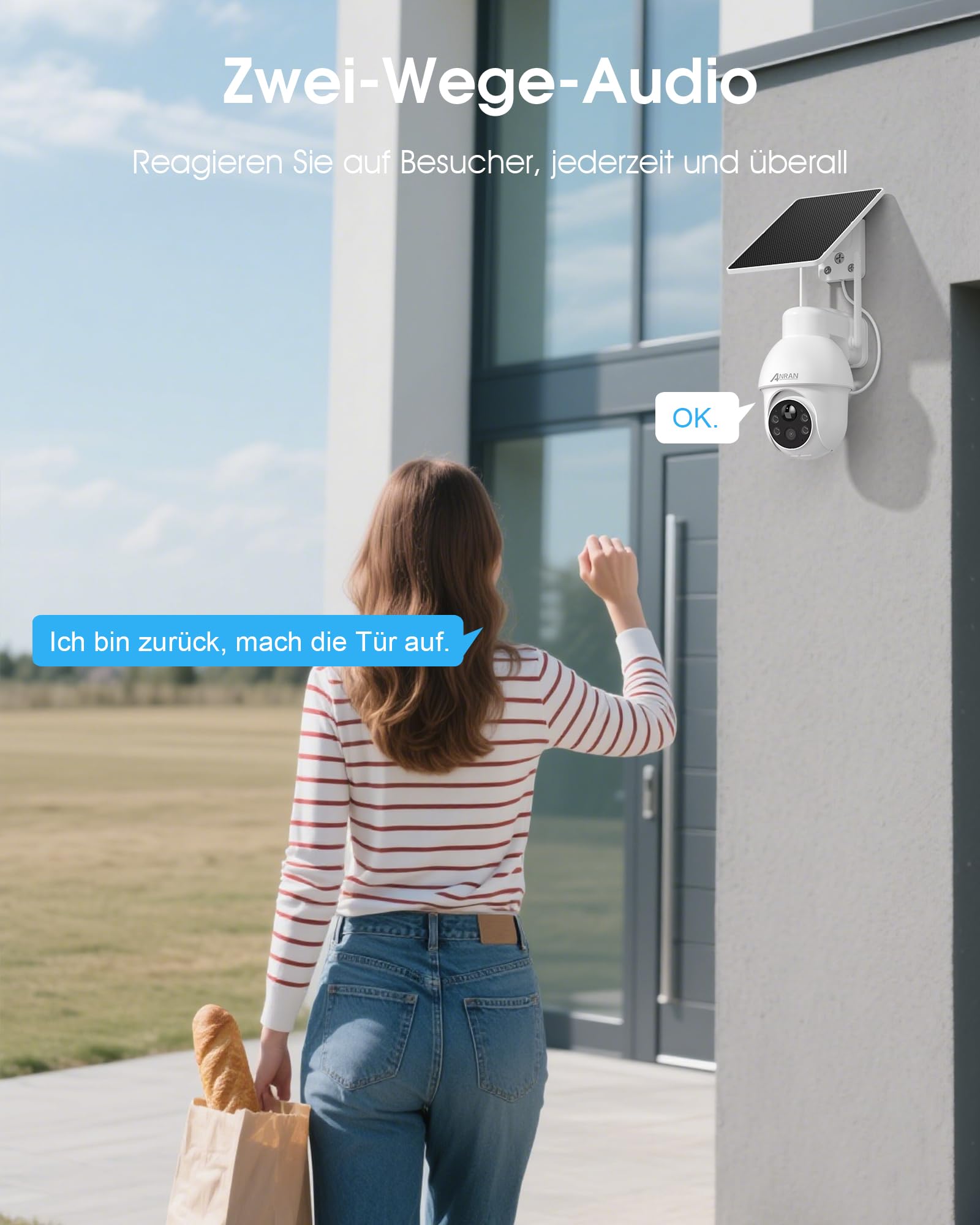 ANRAN 4K Solar Überwachungskamera Aussen WiFi,8MP Ultra HD 360°PTZ Kamera | Farbnachtsicht,2-Wege-Audio,PIR Bewegungserkennung,Personen-Erkennung per Infrarot Intelligenter Alarm,IP66,Für Alexa
