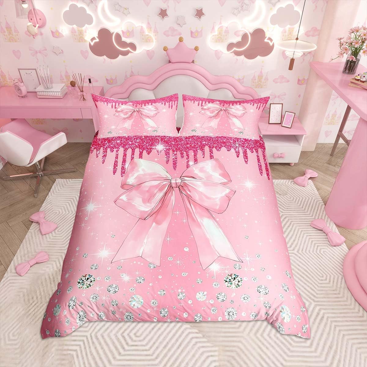 Housse de couette rose foncé avec ruban pour chambre d'ado cocooning