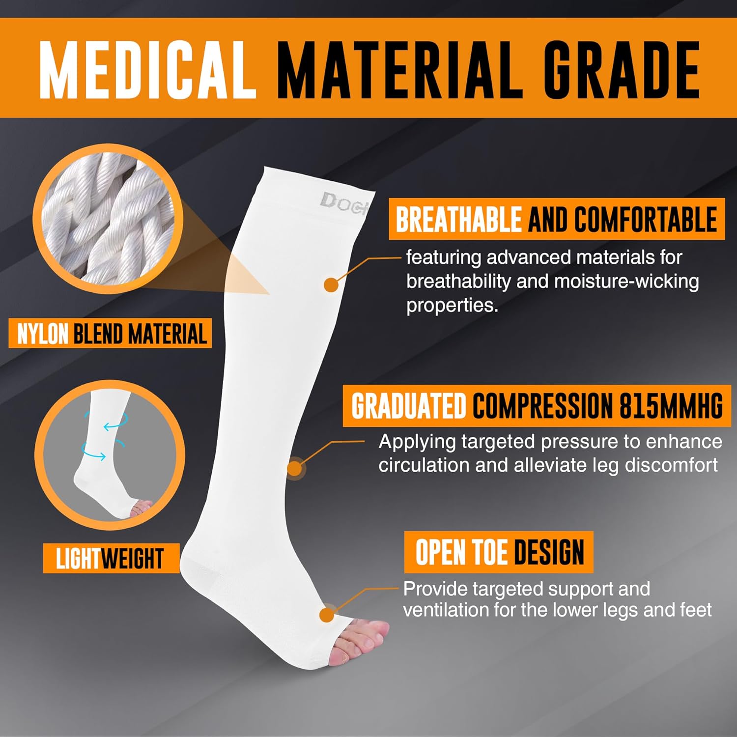 Doc Miller, Open Toe Compression Socks, 8-15 mmHg, Toeless, Support Circulation, Shin Splints, Calf Recovery, Varicose Veins, Knee High, Medical Grade, White Socks, Medium Size for Men & Women, Pair - Image 4