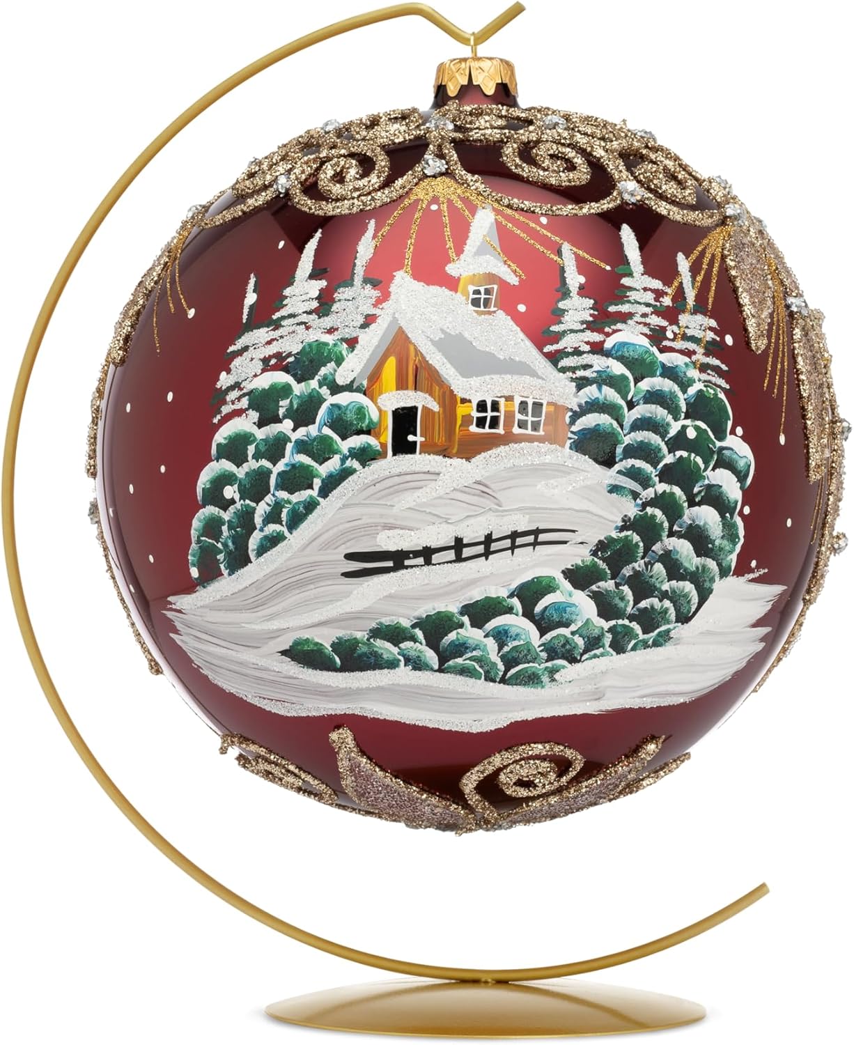 Sapphire Navy Blue Christmas Ornament Polish Blown Glass Ball Hand Painted Large Bauble 6 inch Ø/150mm Midnight Poinsettia