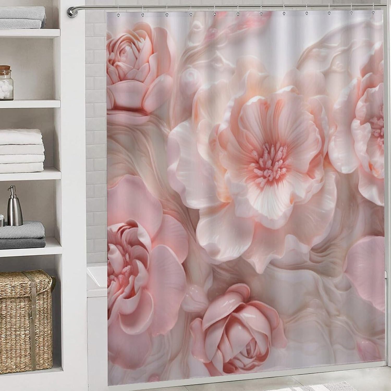 Fantasy Roses Shower Curtain 4 Piece Sets with Non-Slip Rugs,Toilet Lid Cover and Bath Mat Colorful Romantic Flowers Waterproof Shower Curtain with 12 Hooks Bathroom Set Home Decor