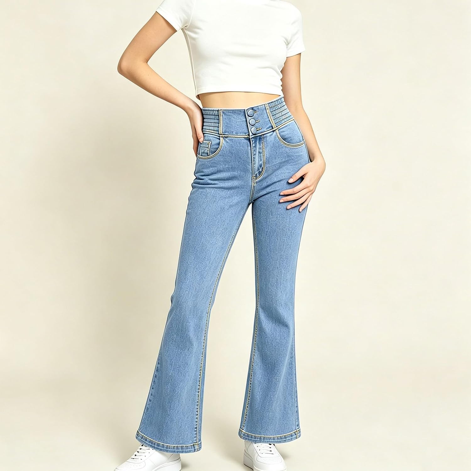 Women Flare Jeans High Waist Multi Button Stretch Denim Pants