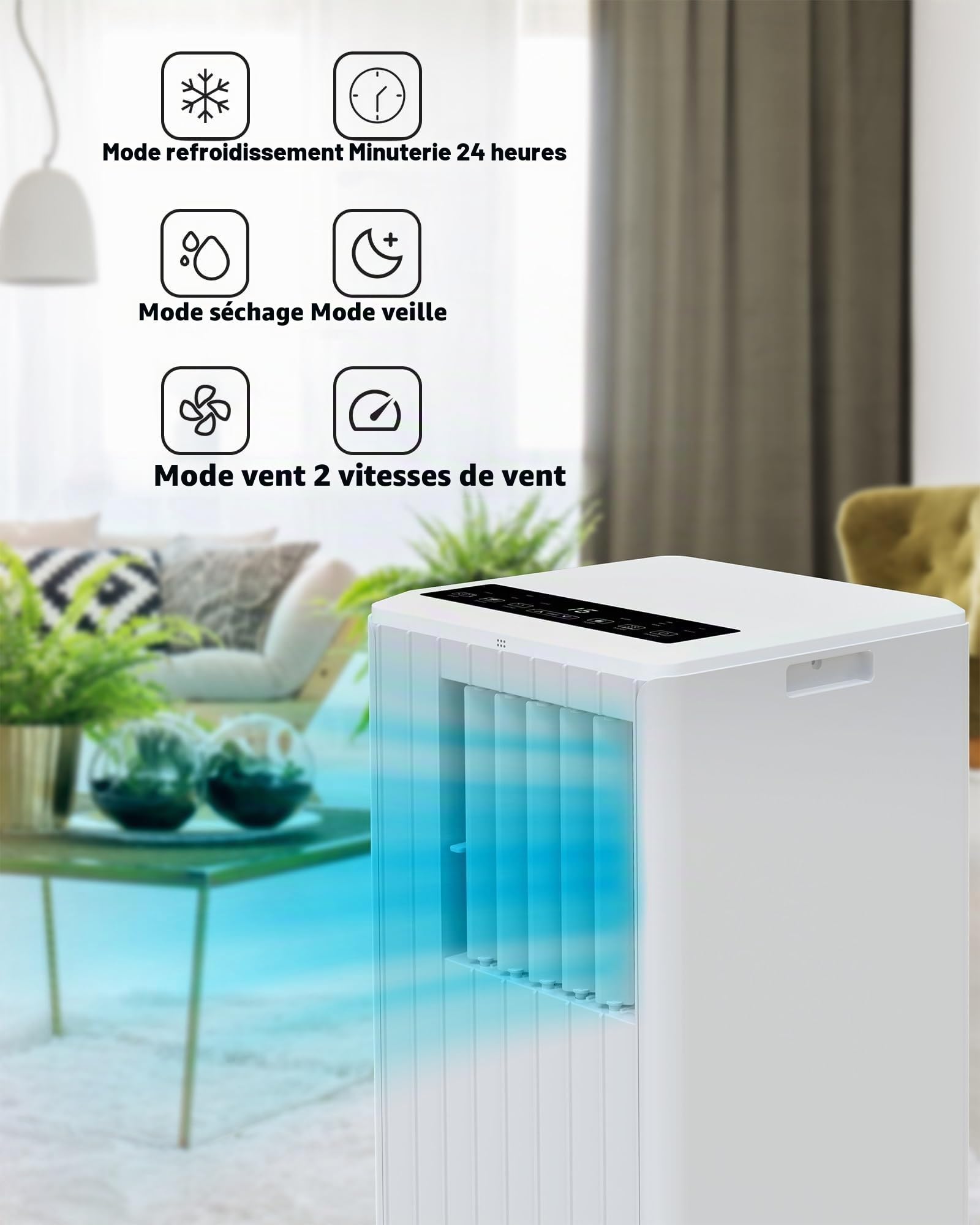 Garvee Climatiseur mobile 7000 BTU, 3 en 1, refroidissement, déshumidification, mode veille, 2,0 kW avec tuyau d'échappement, télécommande, temps de 24 h, pour pièces jusqu'à 18-25 m²