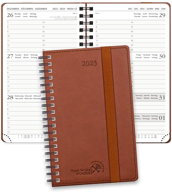 POPRUN Diary 2023 Week to View 17 x 10.5 cm Runs Dec'22 - Dec'23 - Compact Weekly Planner with Time Slot & Dotted Note Pages, Vegan Leather Soft Cover,Brown