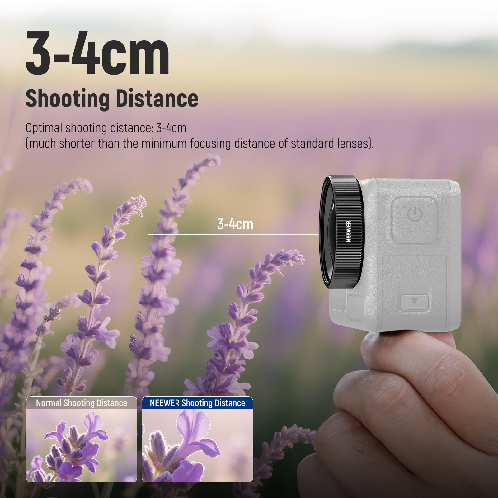 NEEWER Makro Objektiv kompatibel mit DJI Osmo Action 5 Pro/4 Action Kamera, Macro Lens, 2X Vergrößerung, 2 Linsenelemente in 1 Gruppe, 3-4cm Brennweite, Nahaufnahmen Zubehör, Nicht wasserdicht, LS-68