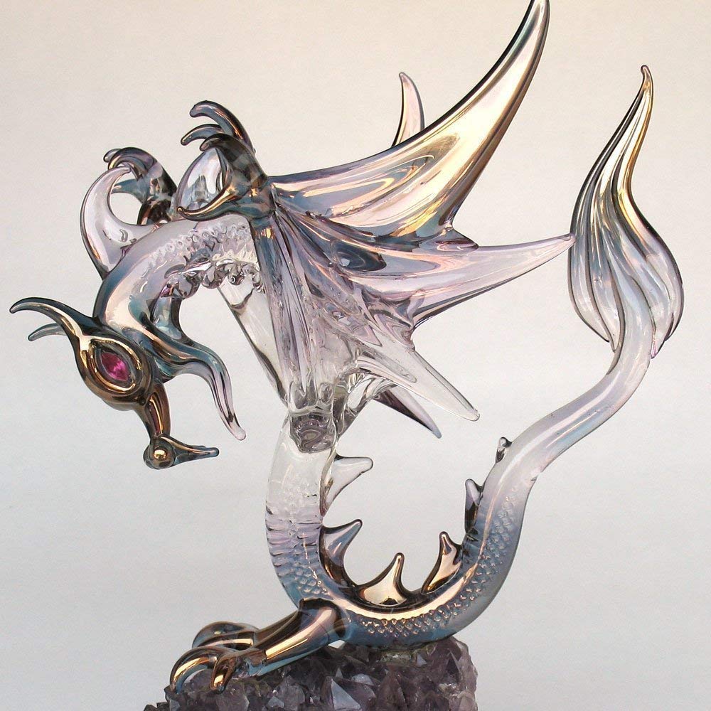 Dragon Figurine of Hand Blown Glass Winged Flying