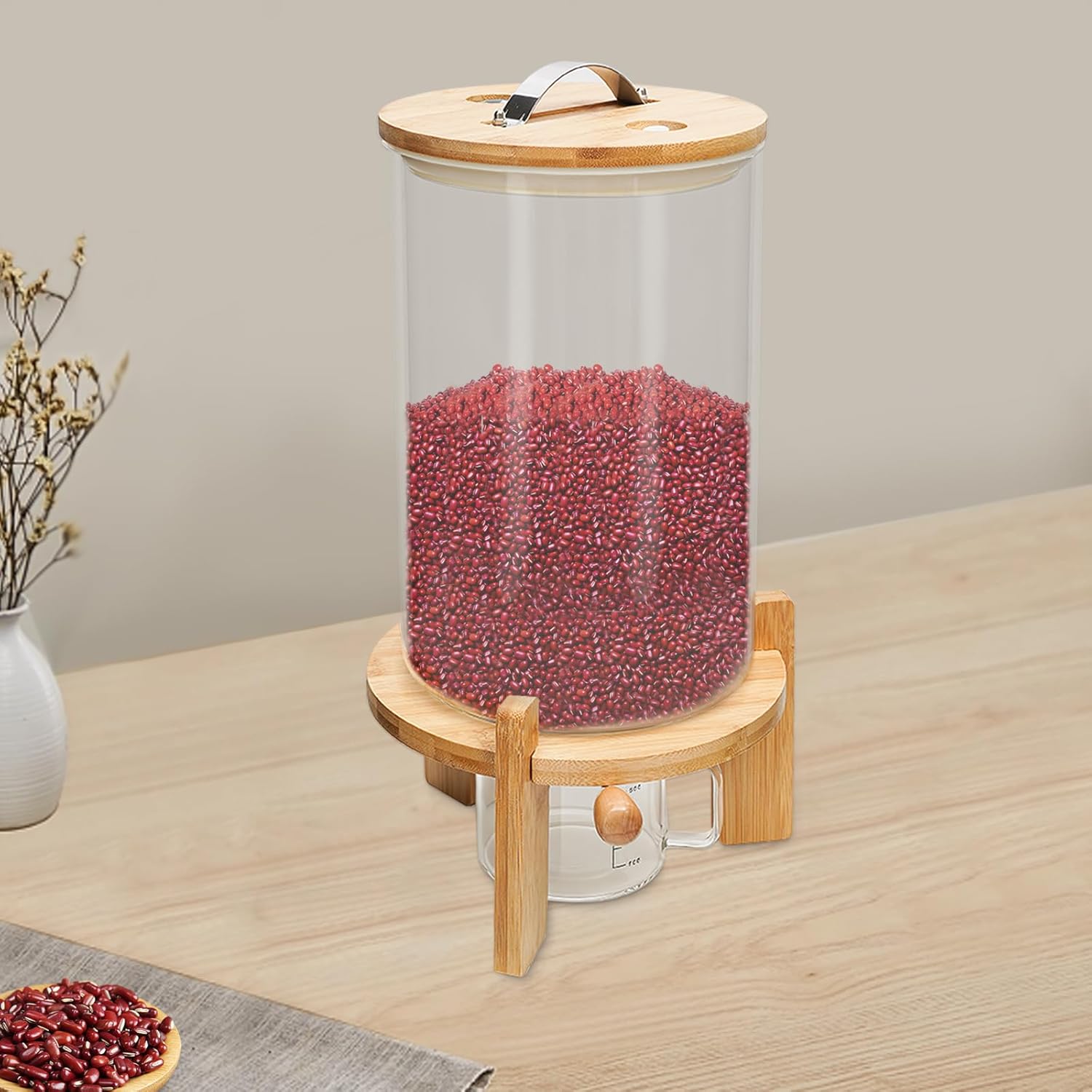 Rice Dispenser Grain Container for Kitchen Organization - Glass Bottle Flour and Cereal Storage with Stand, Valve, Cup, and Lid