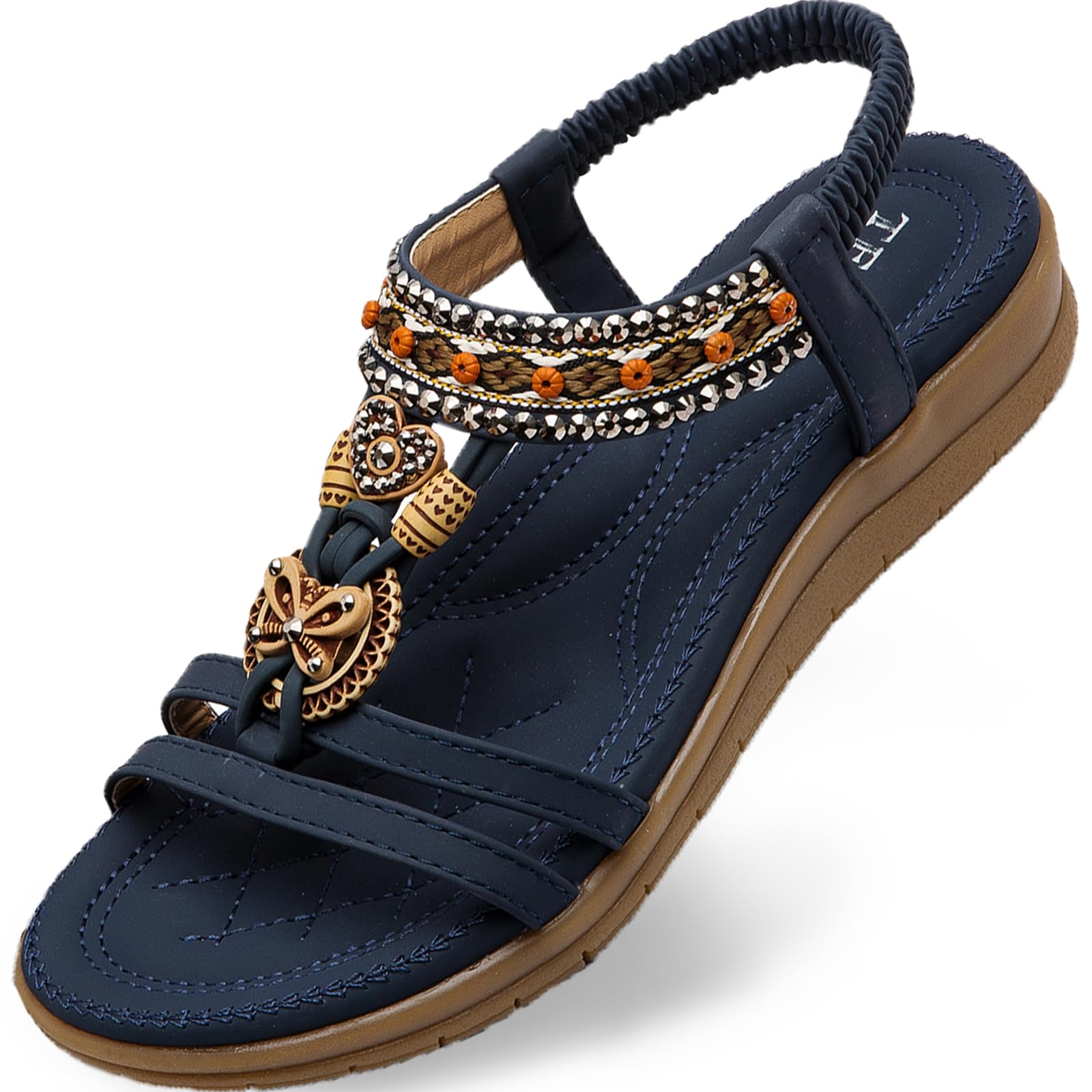 TETSUO Women Sandals Walking Flats Summer Beach Sandals Arch Support Casual Dressy Shoes for Women Elastic Ankle Strap Jeweled Bohemian Shoes