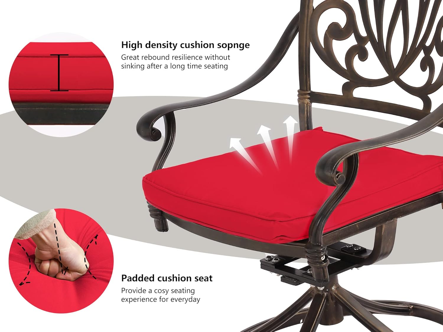 Grepatio 7 Piece Patio Dining Set Outdoor Cast Aluminum Furniture Set with 4 Chairs 2 Swivel Chairs and Umbrella Hole Table for Backyard Garden Poolside with 6 Cushion (Red)