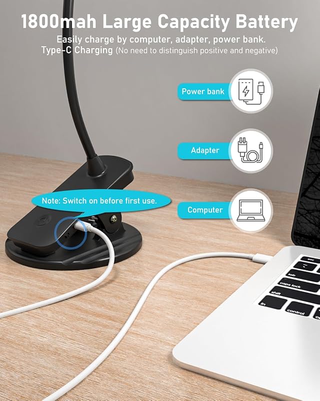 libtit Csíptetős LED Olvasólámpa Érintős Dimmerrel - USB Tölthető Ágylámpa 3 Színhőmérséklet Hajlítható Nyakkal Fekete