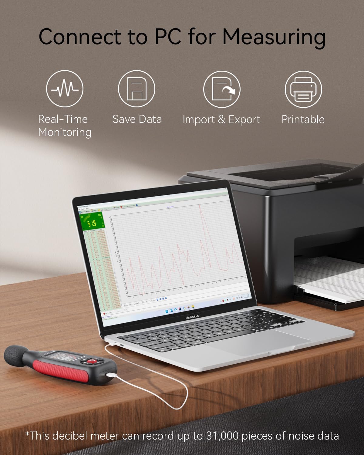 Benetech GT1355 Decibel Meter connected to a laptop for data analysis