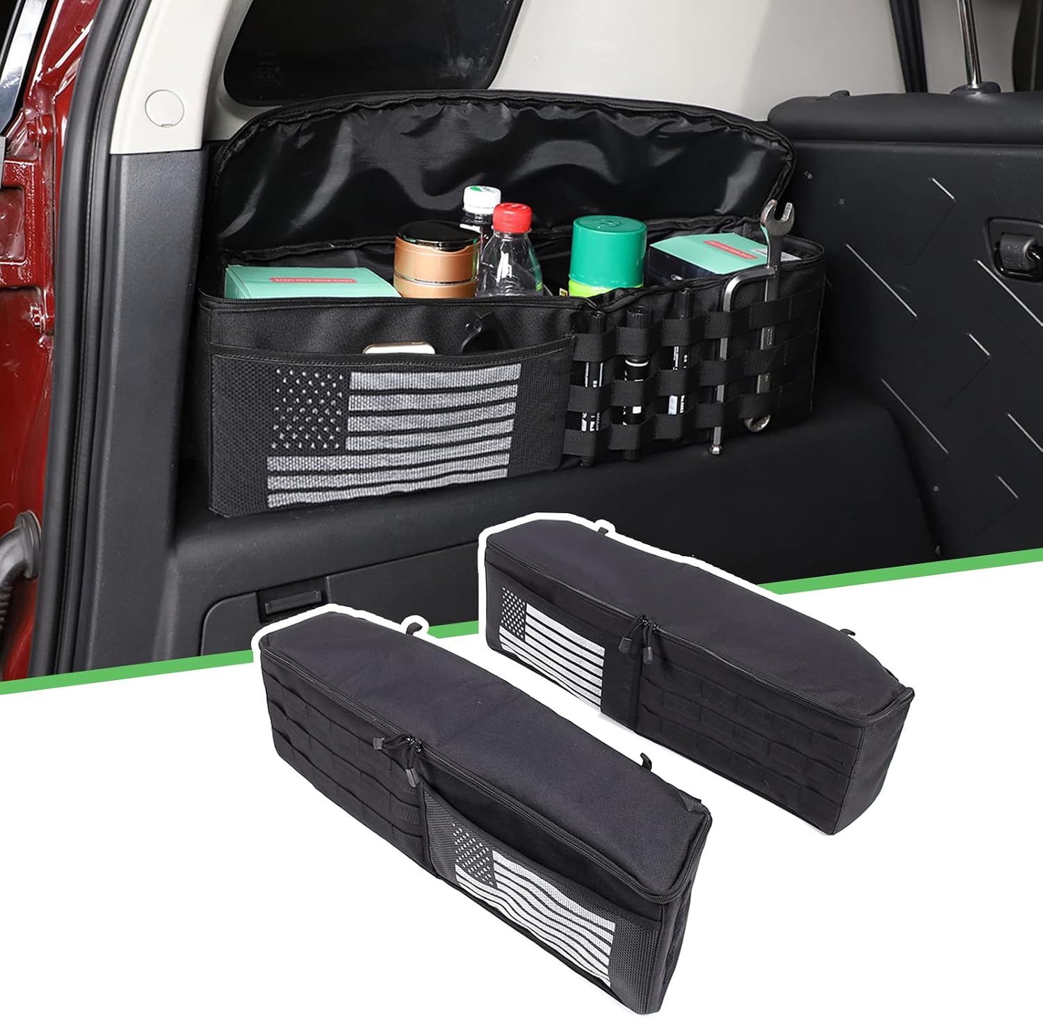 Car Trunk Tail Box Organizer Side Storage Tray Compatible with Toyota FJ Cruiser 2007-2021 Oxford Cloth Multifunction Storage Box Rear Storage Organizer Accessories (2PCS US Flag (left and right))