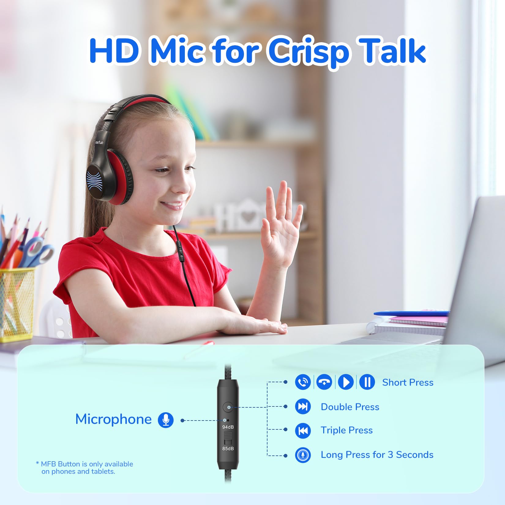 EarFun Kids Headphones with LED Light, Over Ear Wired Children Foldable Headphones with Microphones - Image 3