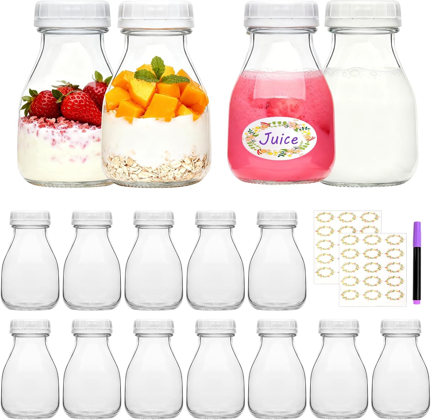 Woaiwo-q 11oz Glass Milk Bottles, 16 Pack Clear Bottles with Lids, Reusable Small Glass Jars for Milk, Juice, Smoothie, Overnight Oats, Cold Brew, Iced Coffee, Picnic, DIY Storage, Gift, Party
