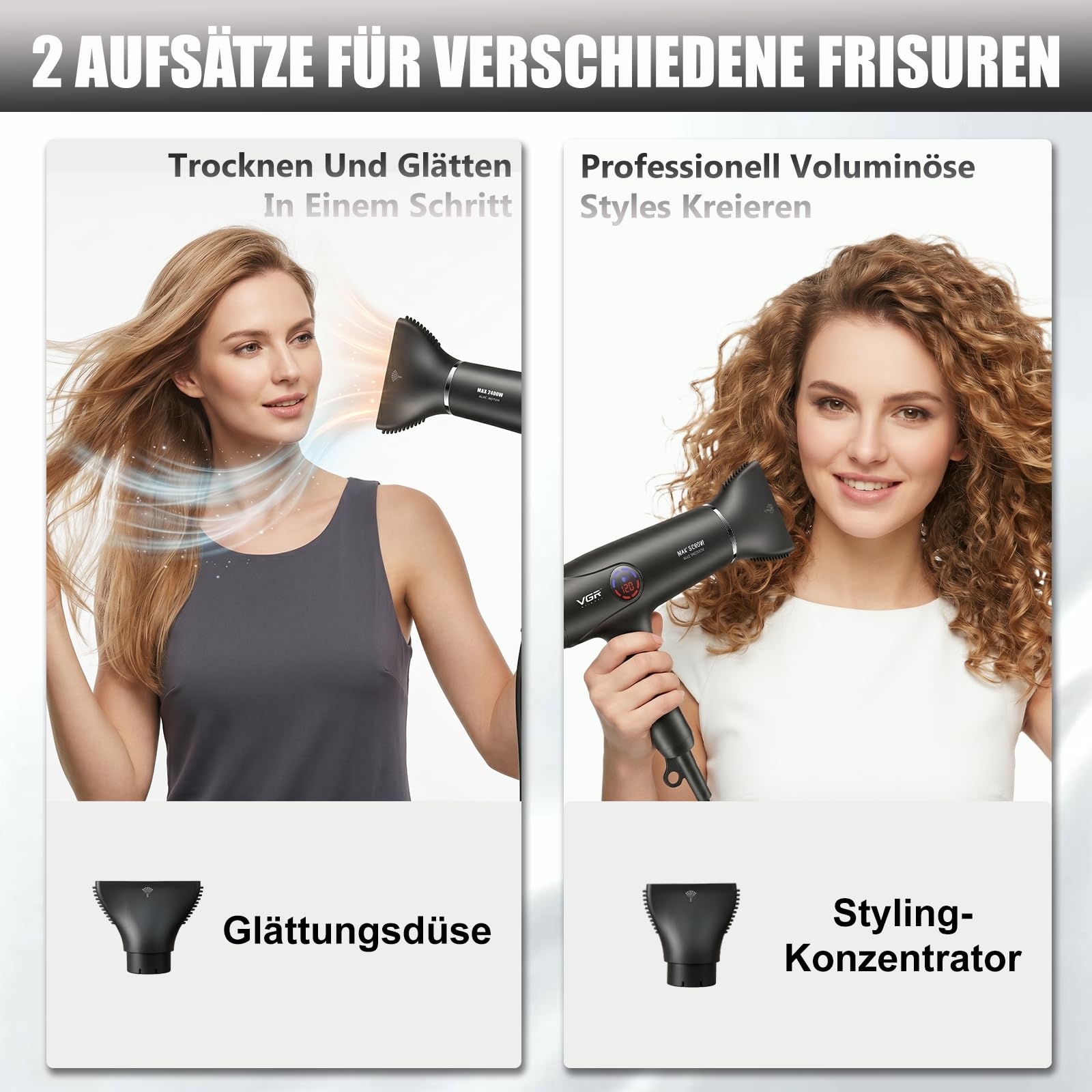 VGR 469 Haartrockner Professioneller Mit 2400W BLDC Motor | Föhn Mit Diffusor Für Schnellkühltaste, Hair Ddryer Mit 4 Temperatur, LED Display, Haarföhn Mit Sperrfunktion