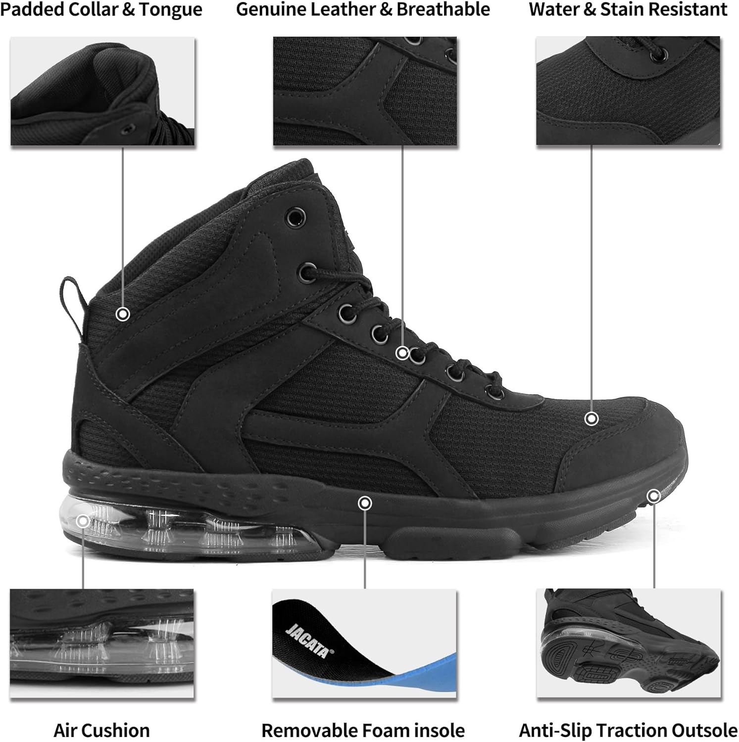 Jacata Non Slip Work Shoes for Men Food Service Mens Water Resistant Leather Slip on Chef Walking Boots for Restaurant Kitchen Air CushionShoes(Black Size 6) - Image 2