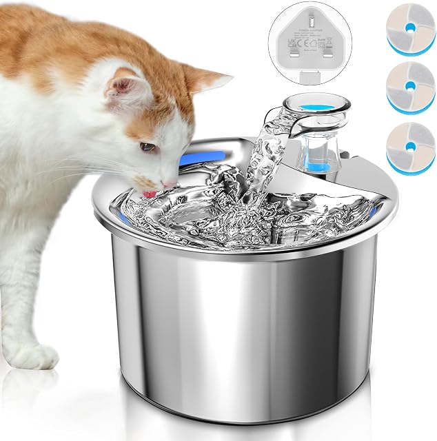 LiteBee 2L Stainless Steel Cat Water Fountain, Adjustable Water Output Pet Water Fountain Super Quiet, with Cleaning Tools & UK Plug (with 3 Filters)