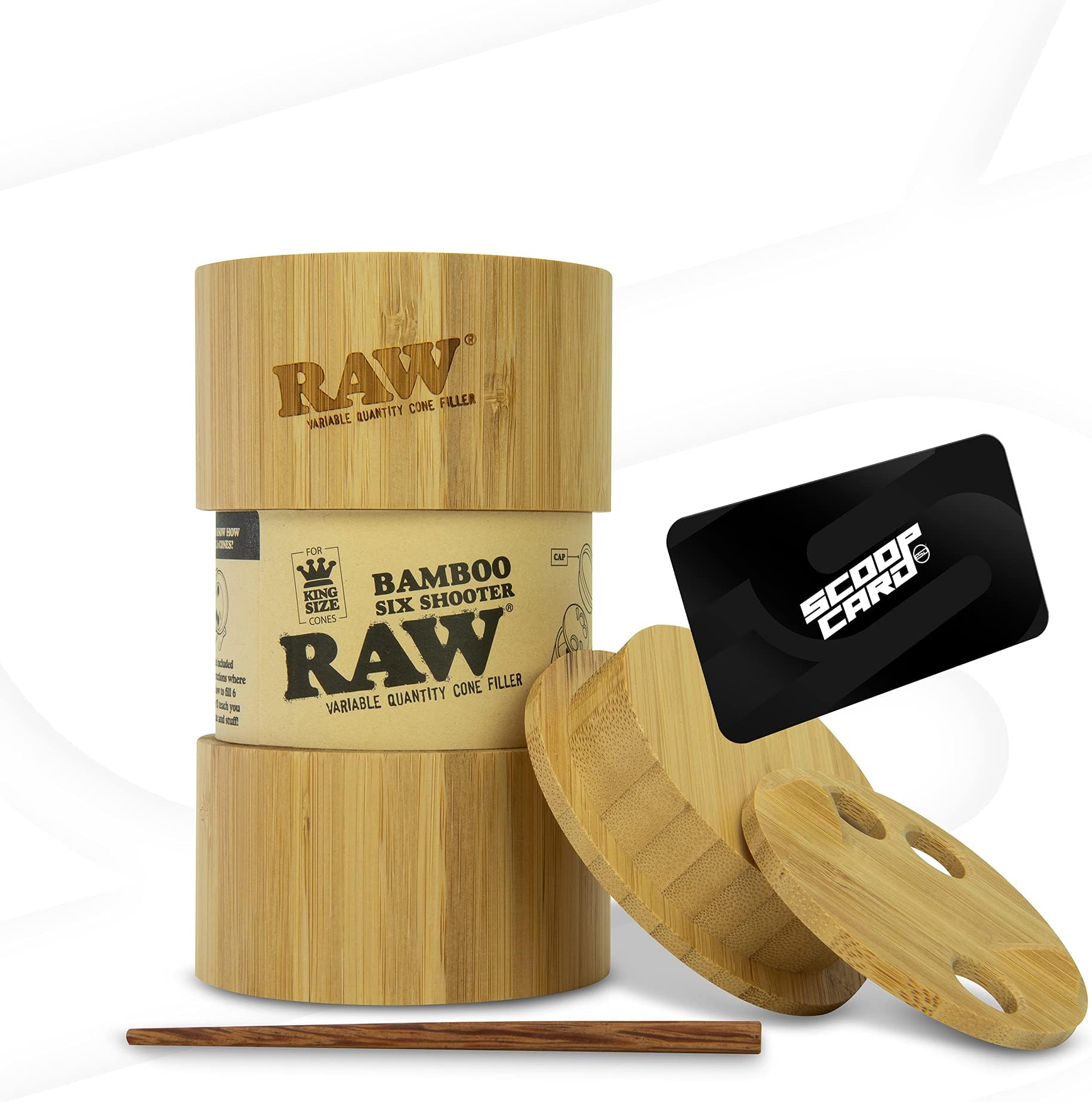 RAW Bamboo Six Shooter for King Sized Cones - Variable Quantity Cone Filling Device - Fills 1,2,3 or 6 Cones at a Time Simultaneously! Simply Load, Shake and Finished