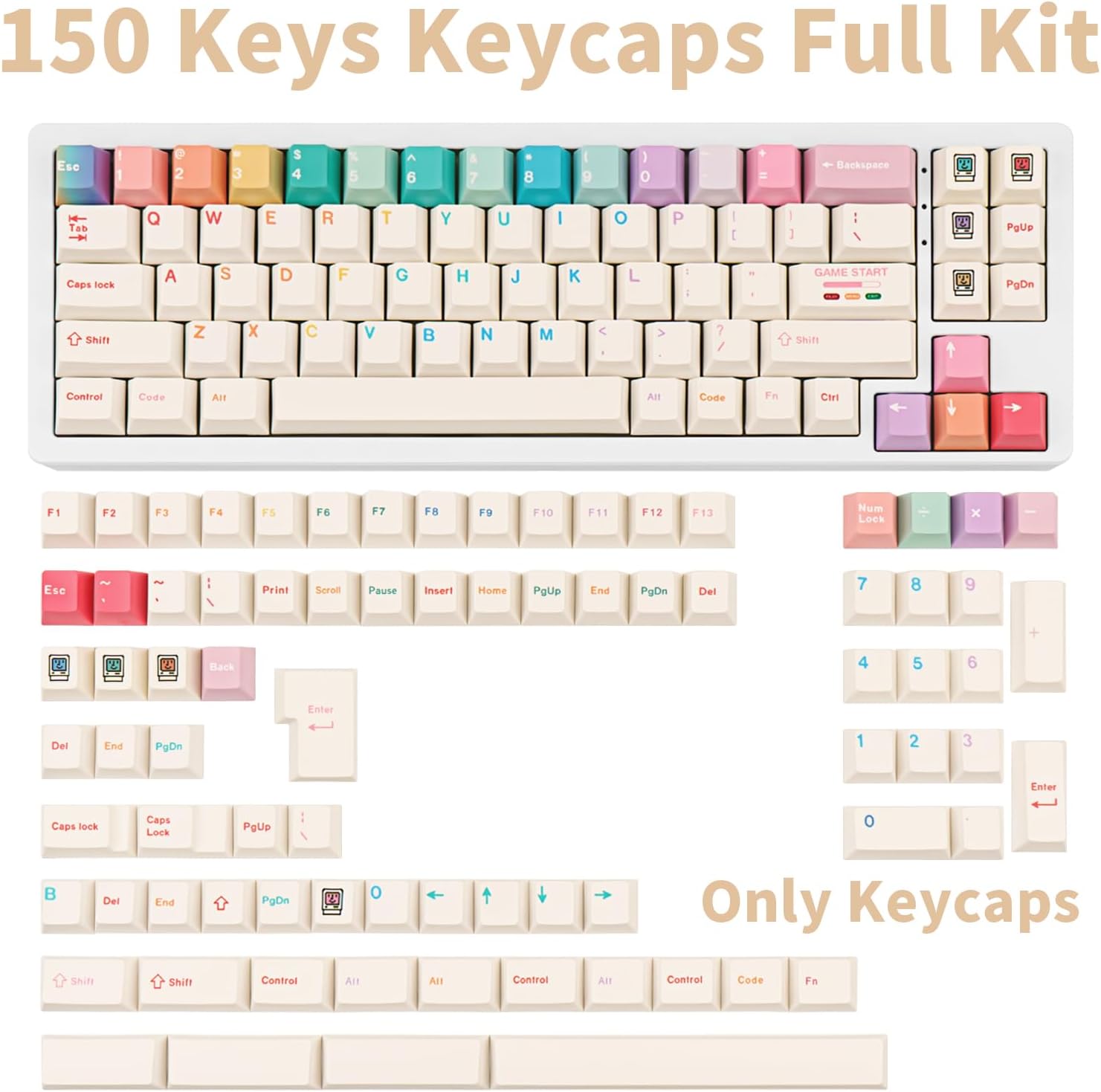 Minimalist White PBT Keycaps, 150 Keys Cute Macaron Theme Keycap, Cherry Profile Dye-Sublimation Colorful Keycaps for 61/64/68/84/87/100/104/108 Cherry MX Mechanical Keyboards