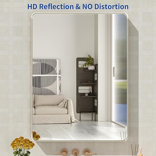 Miniatura 2 de WEER Espejo de baño de níquel cepillado de 24 x 32 pulgadas, marco de metal plateado cepillado, espejo rectangular redondeado de baño plateado,